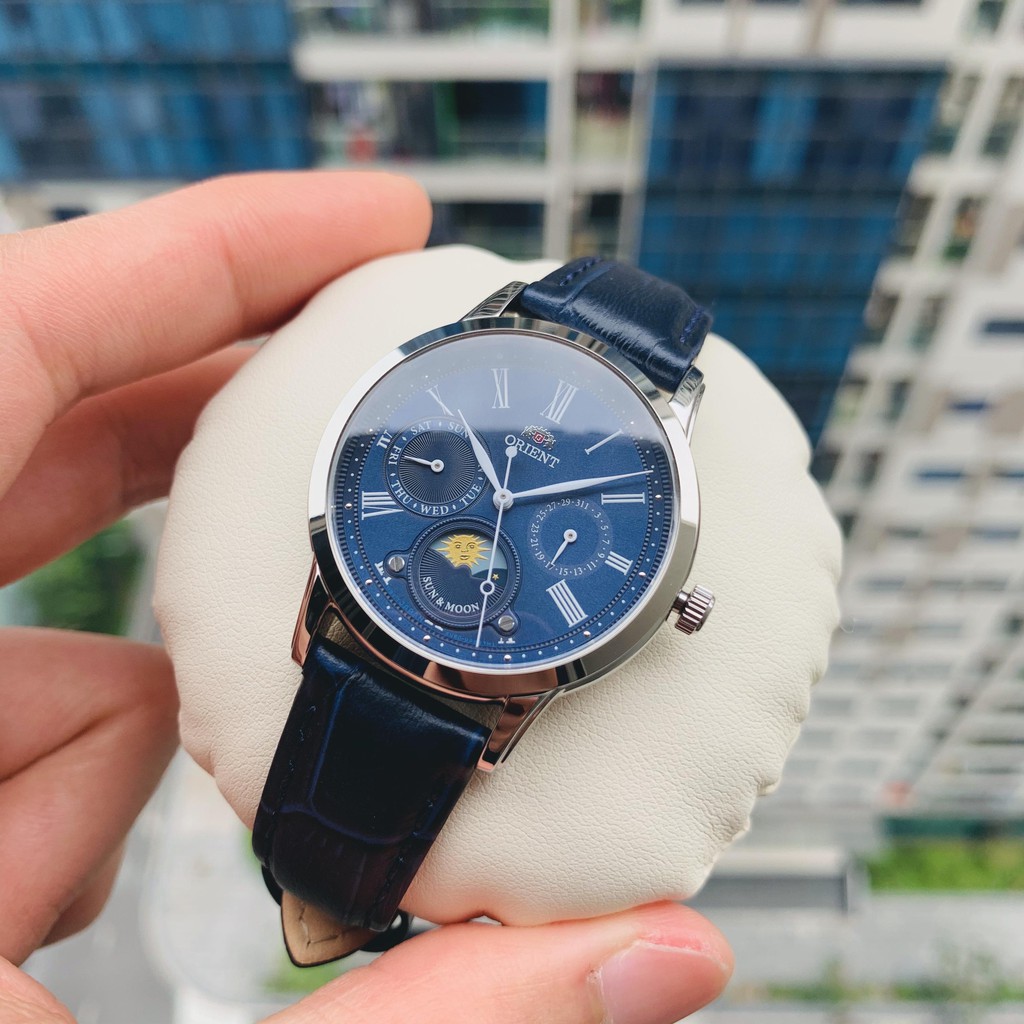 Đồng hồ Nữ chính hãng Orient Sun and Moon RA-KA0006S Mặt xanh,Lịch thứ ngày Moon Phase-Máy Pin Quartz-Dây da-Size 34mm