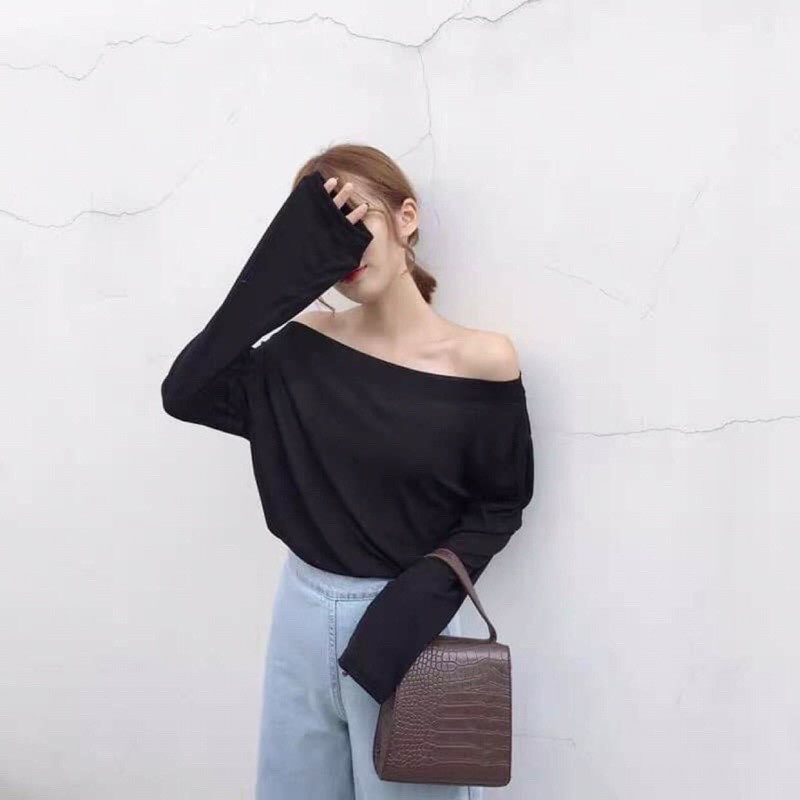 Áo Thun Lệch Vai Unisex Nữ Chất Liệu Cotton Xước Áo Thun Trễ Vai Dài Tay Trễ Vai