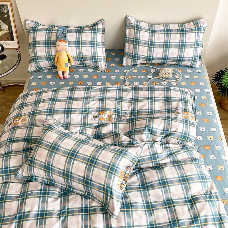 Bộ chăn ga gối Cotton Poly Bo Decor Family gấu, vỏ chăn mền, drap giường và 2 vỏ gối