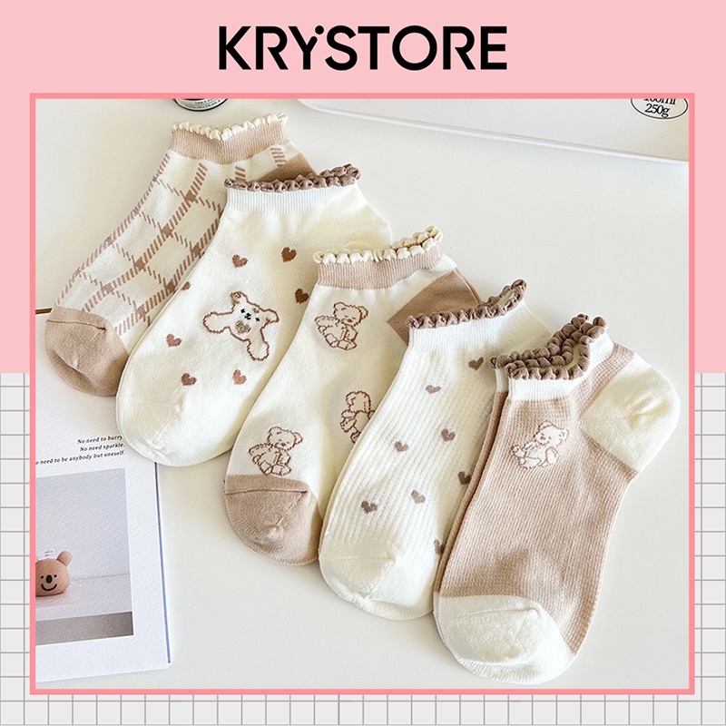 Set 5 đôi tất nữ ngắn cổ gấu nâu viền ren SN11