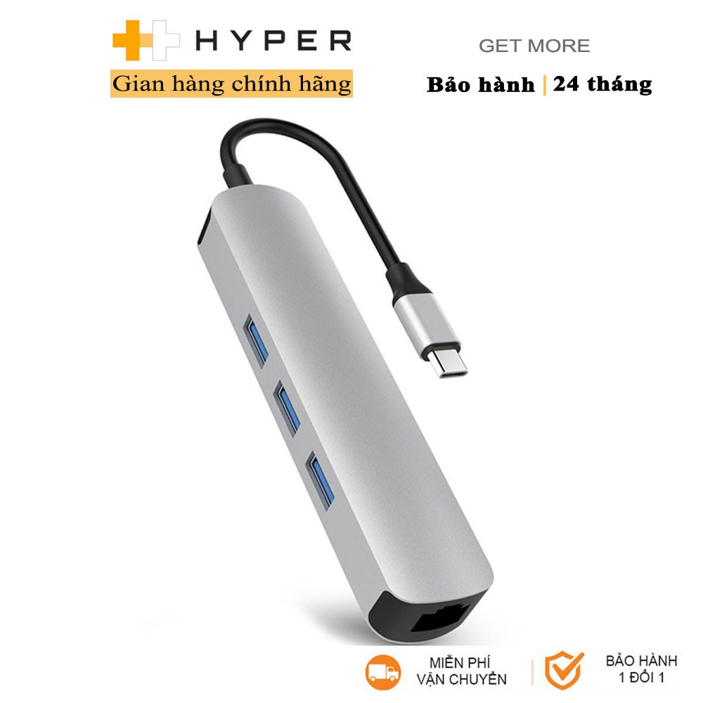 Cổng chuyển HyperDrive 4k HDMI 6-in-1 USB-C Hub cho Macbook, Ultrabook &amp; USB-C Devices - Lan - HD233B - Hàng Chính Hãng