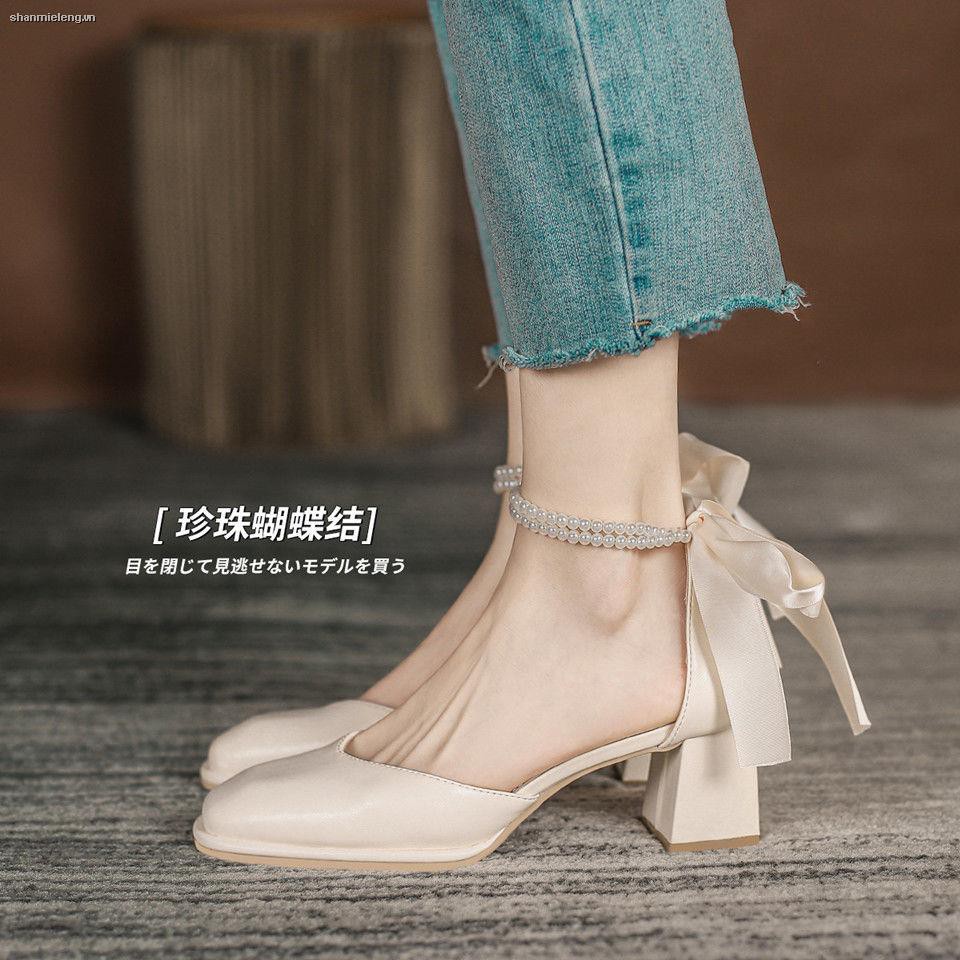 Giày sandal cao gót thiết kế buộc dây phong cách Pháp thời trang thanh lịch cho nữ