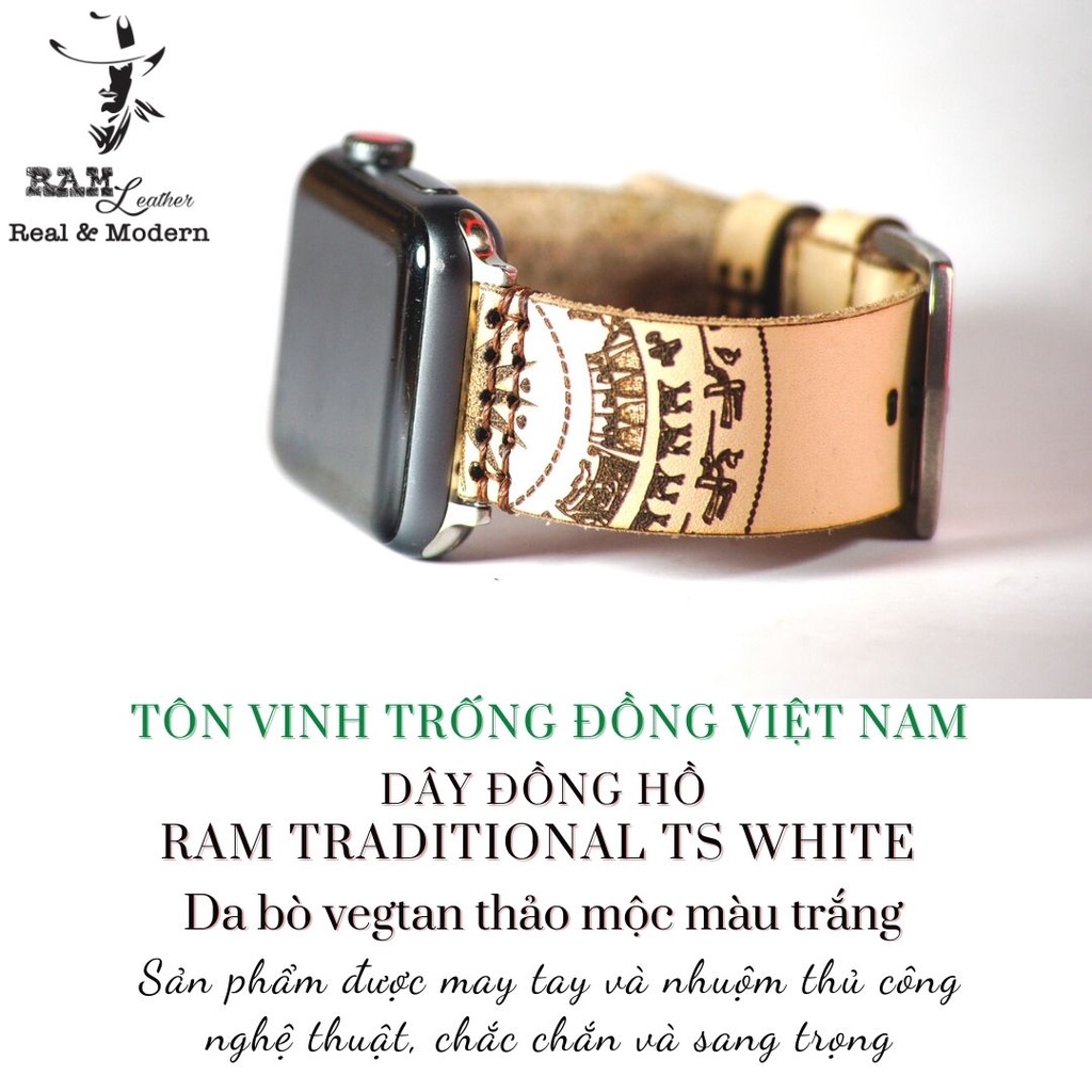 Dây đồng hồ RAM Leather vintage Trống Đồng Việt Nam da bò Italia Vegtan simple trắng