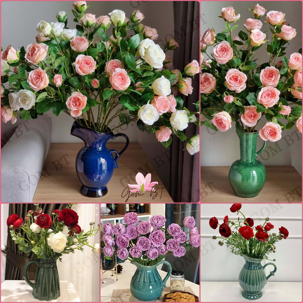 Lọ hoa gốm sứ Bát Tràng - Bình hoa trang trí decor dáng quai sữa cao 22 cm - Men xanh ngọc lục bảo
