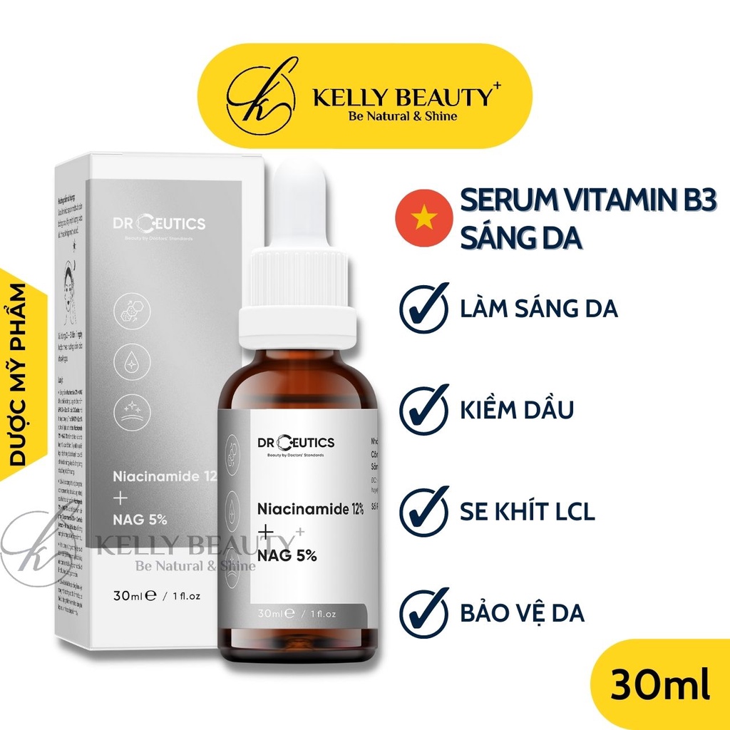 Serum Vitamin B3 DrCeutics 30ml - Làm Sáng, Đều Màu Da &amp; Se Khít LCL - Niacinamide 12% + NAG 5% | Kelly Beauty