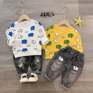 Bộ áo phông voi quần bò xám khói cho bé trai