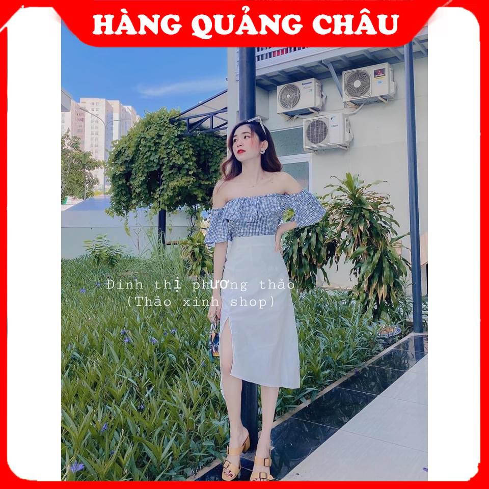 Set Ulzzang | Áo Trễ Vai Hoa Cúc Kèm Chân Váy Xẻ Đi Chơi Cực Đẹp Order Quảng Châu