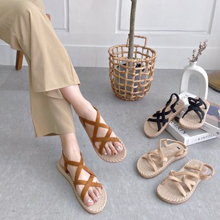 Sandal quai hậu dép đế cói quai chéo da lộn