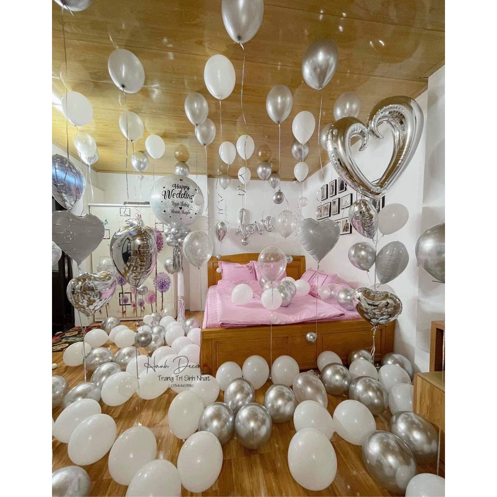 Bóng bay trang trí phòng cưới❤️Tặng 100 cánh hoa hồng❤️Set hapy wedding bóng trang trí phòng cưới, phòng tân hôn màu bạc