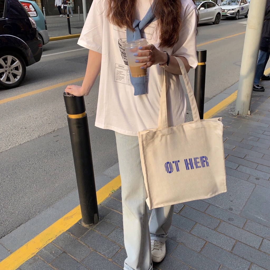 Túi tote HAZIN thết kế đáy vuông vải canvas ulzzang unisex in chữ Ot Her có túi nhỏ bên trong HZ06