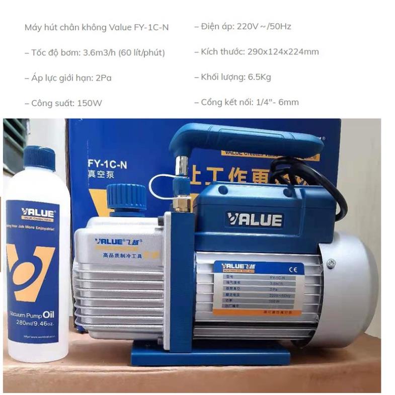 Máy hút chân không VALUE 1.5 CFM FY-1C-N VH115N chuyên thiết bị dụng cụ điện lạnh bảo dưỡng điều hoà vật tư ngành lạnh