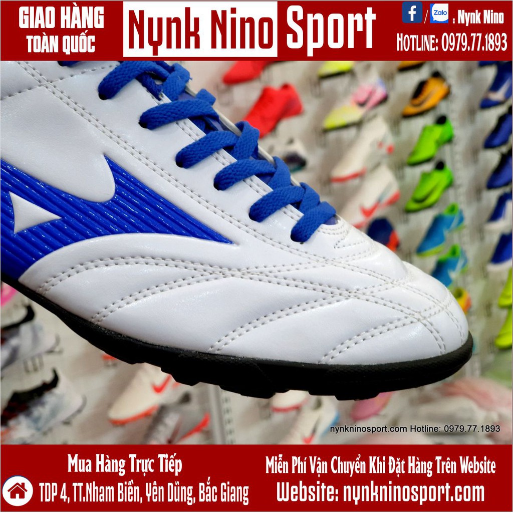 Giày Bóng Đá Mizuno Monarcida Neo Classic Trắng Vạch Xanh Biển TF