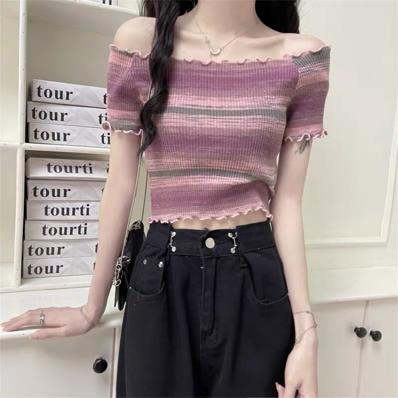 Áo croptop trễ vai bèo viền nhiều màu LYRA, chất mongtoghi mỏng xinh xắn-VSYAP0270