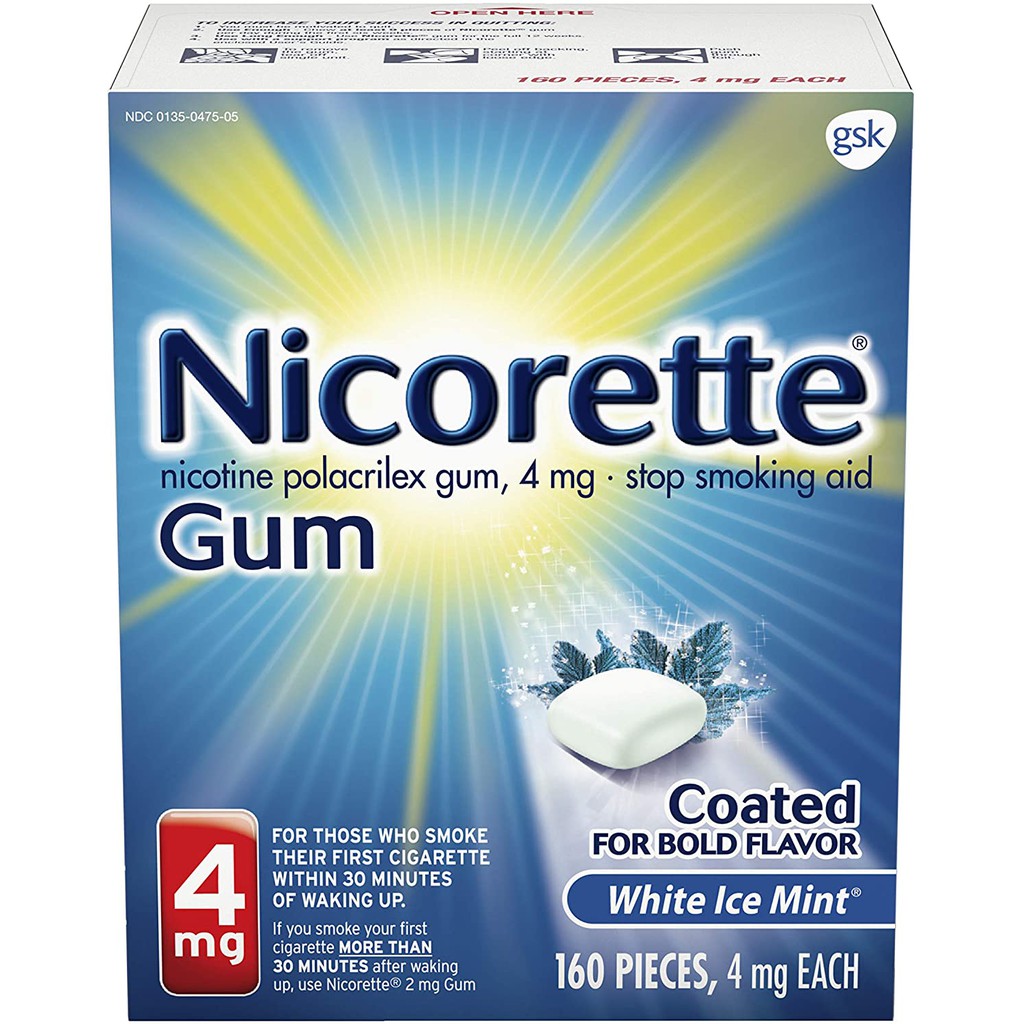 Kẹo cao su cai thuốc Nicorette Gum White Ice Mint 4mg và 2mg