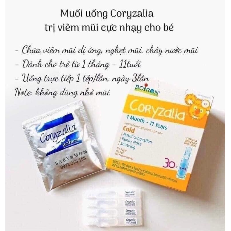 Muối uống giảm nghẹt mũi, cảm lạnh, sổ mũi Boiron Coryzalia Cold- vi lượng đồng căn cho bé từ 1 tháng-11 Tuổi Canada