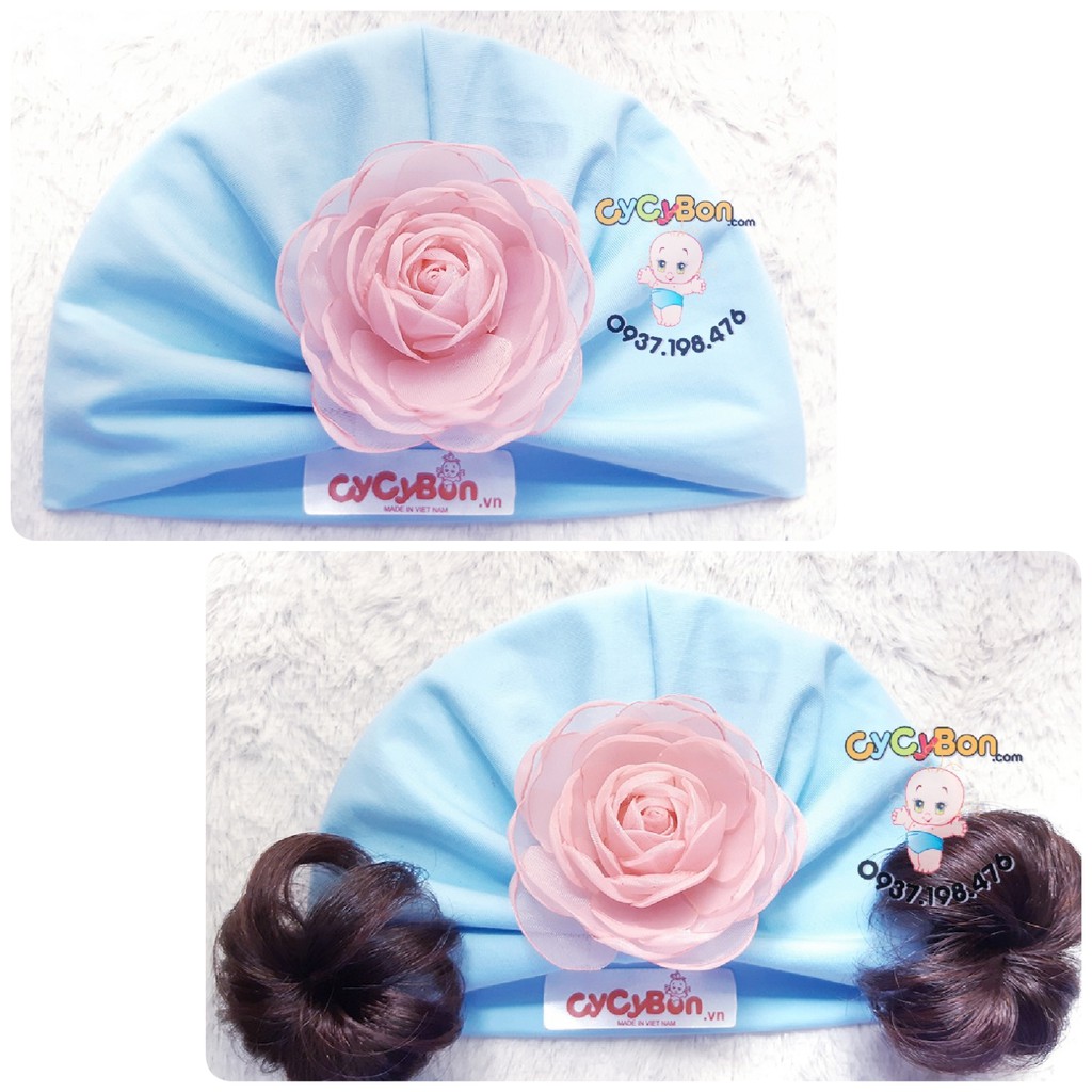 Nón Mũ Turban Cho Bé Gái Màu Xanh Ngọc Đính Bông Hồng Ruốc Chất Vải Cotton Có Size Cho Bé Từ Sơ Sin