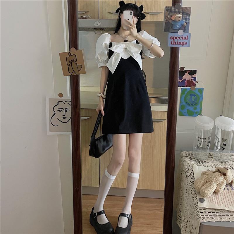 Váy Nữ Đầm Cổ Vuông Tay Phồng Nơ Thắt Phong Cách Pháp Dễ Thương Thời Trang Mới