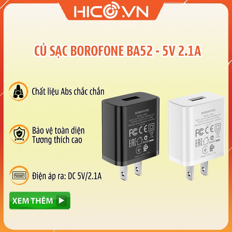 Cốc Sạc Điện Thoại Borofone BA52 5V 2.1A Chất Liệu ABS -PC Chống Cháy Nổ, Bảo Vệ Mạch -Hàng Chính Hãng