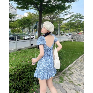 Đầm hoa xanh thắt nơ lưng