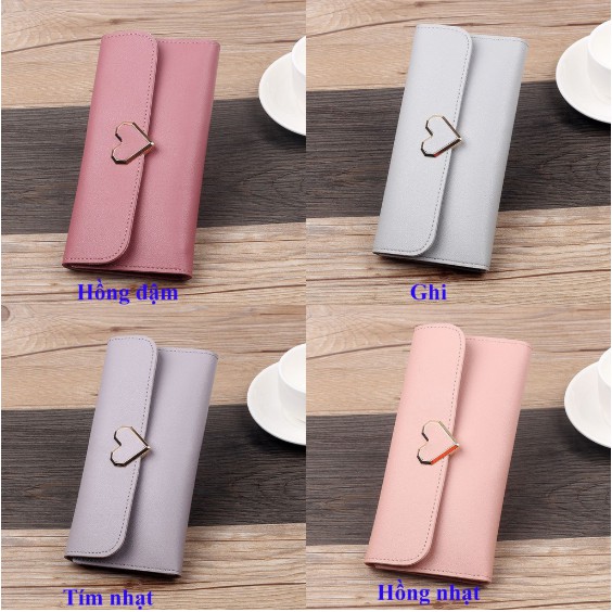 Ví bóp nữ dài, khóa hình trái tim, thiết kế nhiều ngăn đơn giản, chất liệu da Pu mềm mại
