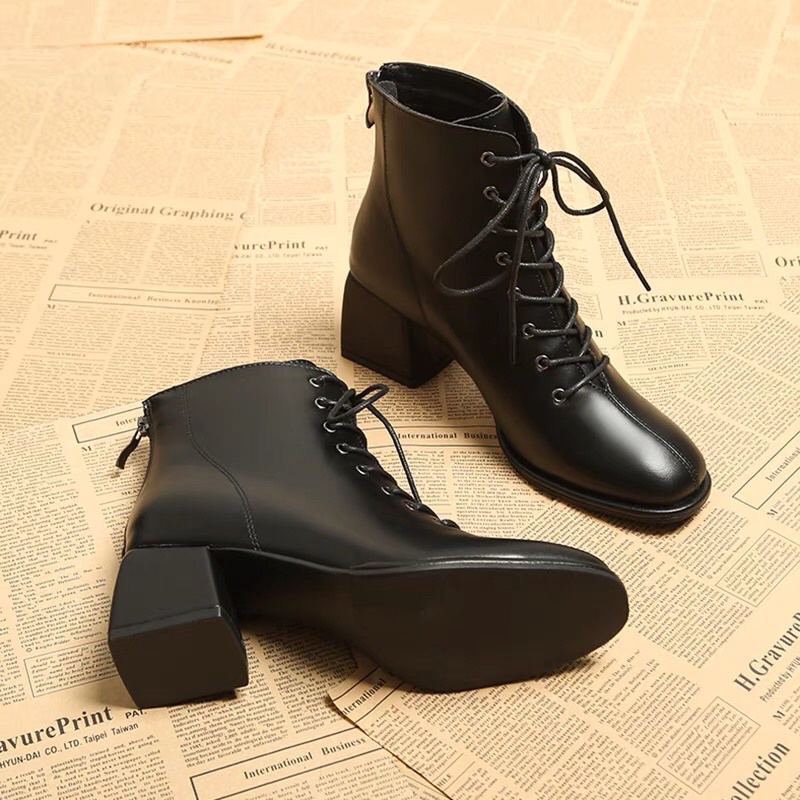 Giày bốt nữ Cổ lửng nhiều dây Cao Cấp - boots nữ đế cao 8cm gót vuông 2 loại da