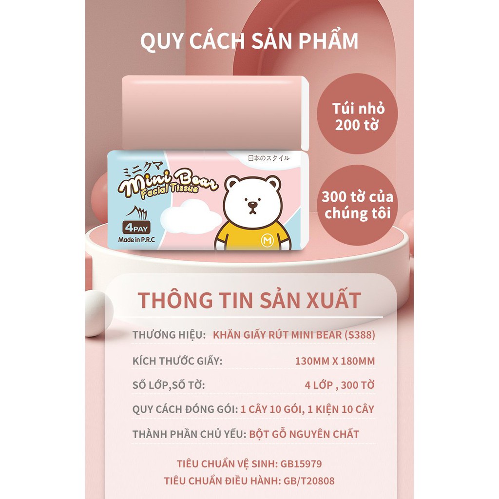 [MUA 6 GÓI FREE SHIP] Khăn giấy 6 gói dai đa năng thấm nước 300 tờ 4 lớp, giấy mini bear Nhật