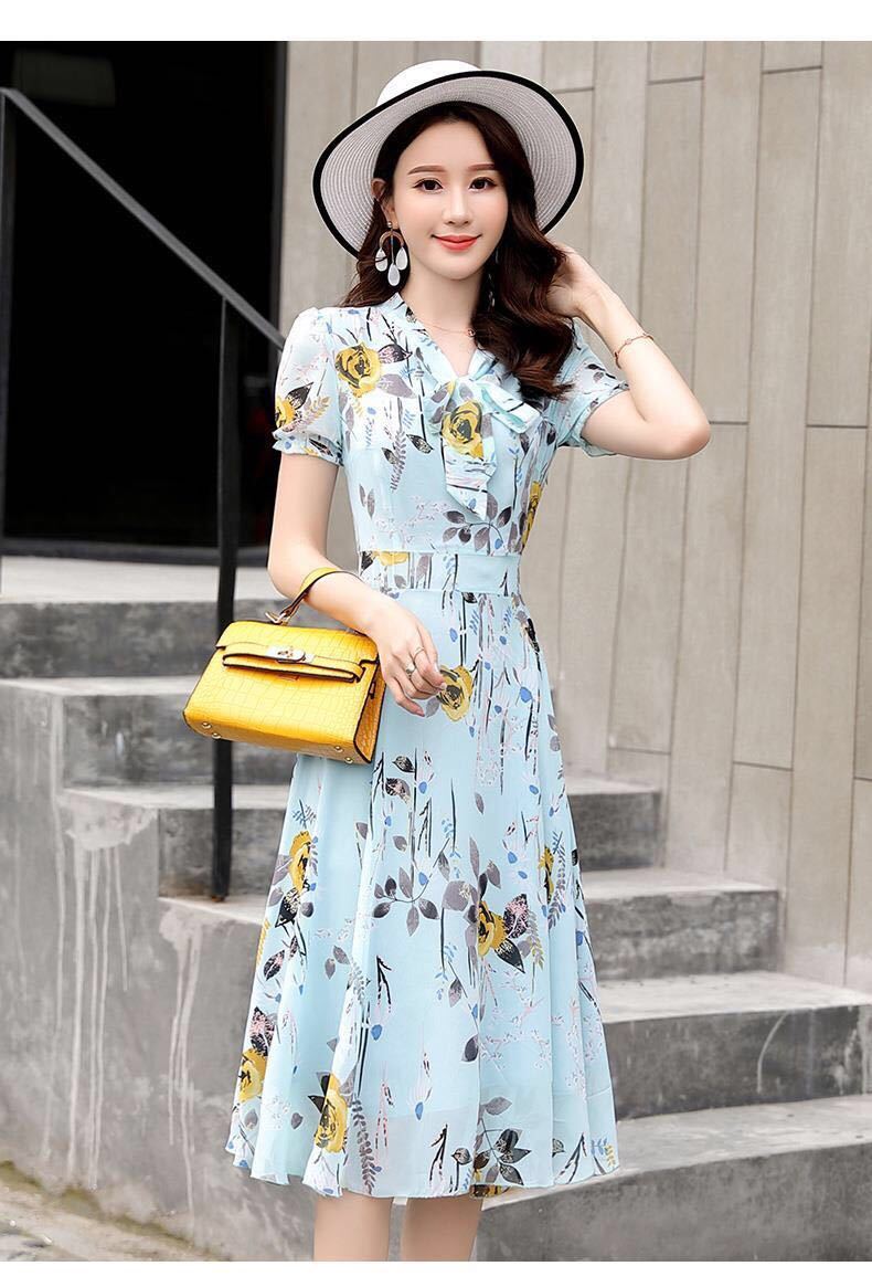 French Print Chiffon Dress bow tie tie skirt fashion short sleeve slim women's skirt