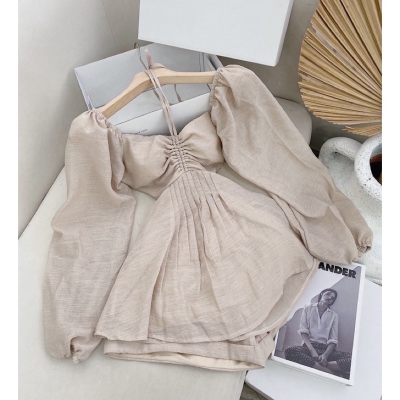 (Có bigsize) Set áo khoét eo nhún ngực đan dây lưng + quần short