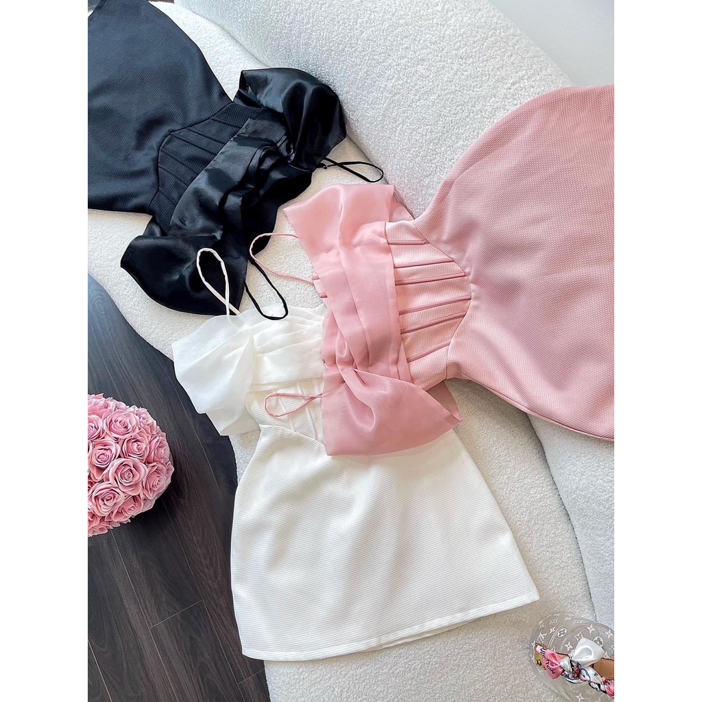 Đầm xoè trễ vai phối tơ