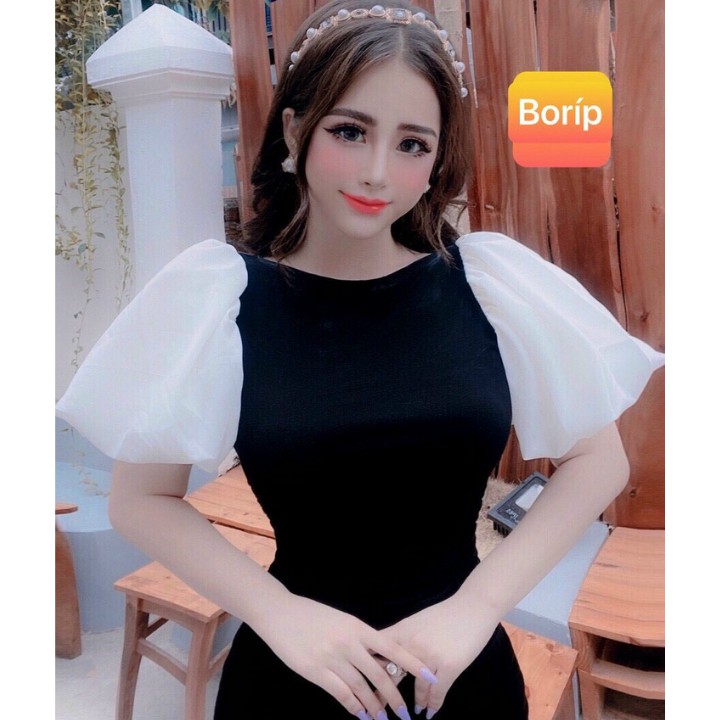 Đầm body rút dây tay phồng voan lưới