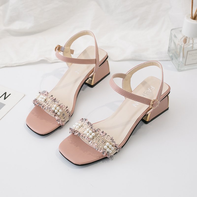 IELGY fairy style Korean style all-match buckle pearl thick heel sandals women