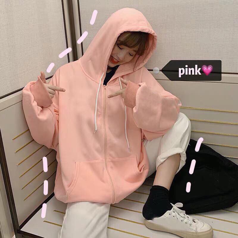 (Hàng chuẩn đẹp) Hoodie dây kéo màu hồng - áo hoodie zipper ulzzang unisex form rộng dễ thương