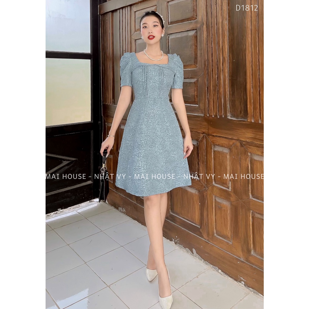 Đầm Nữ NHẬT VY Họa Tiết Hoa Cổ Vuông Chiết Eo Nữ Tính Chất Tapta Thun Đi Tiệc Dáng Xòe Màu Đen, Xanh, Vàng, Hồng - D1812