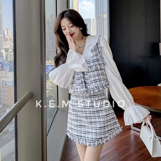Set 3IN1 áo gile dạ, chân váy chữ a kèm áo sơ mi trắng