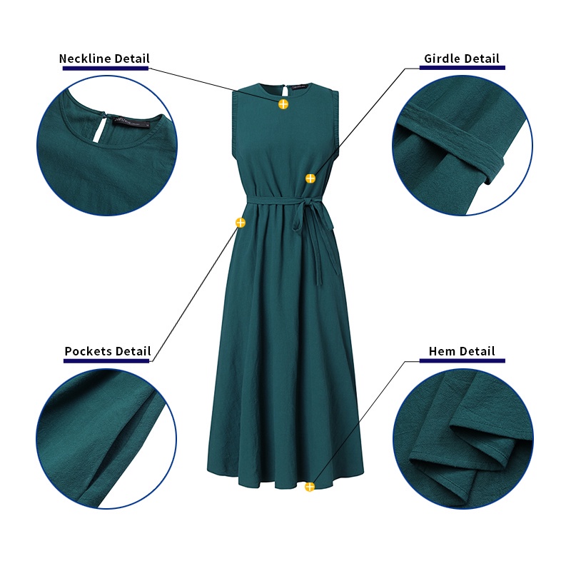 Đầm maxi Zanzea không tay cổ tròn màu trơn sành điệu cho nữ