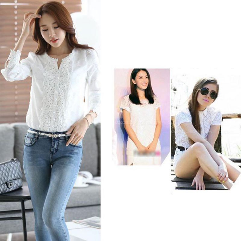 Áo sơ mi kiểu tay dài cổ V viền ren thanh lịch cho nữ