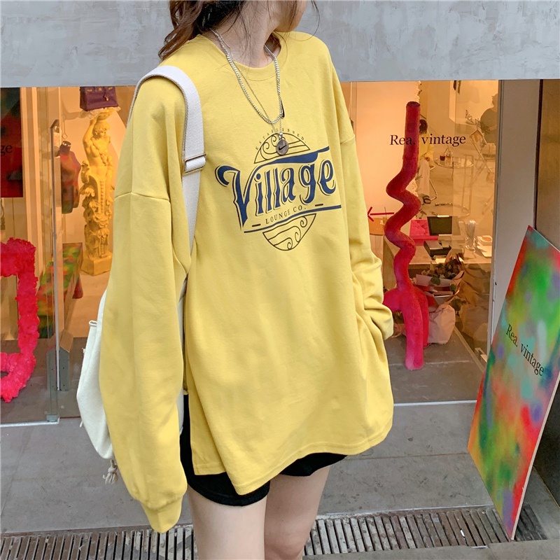 QOEDDV Áo Thun Nữ Dài Tay Cổ Tròn In Hình Phong Cách Hàn Quốc