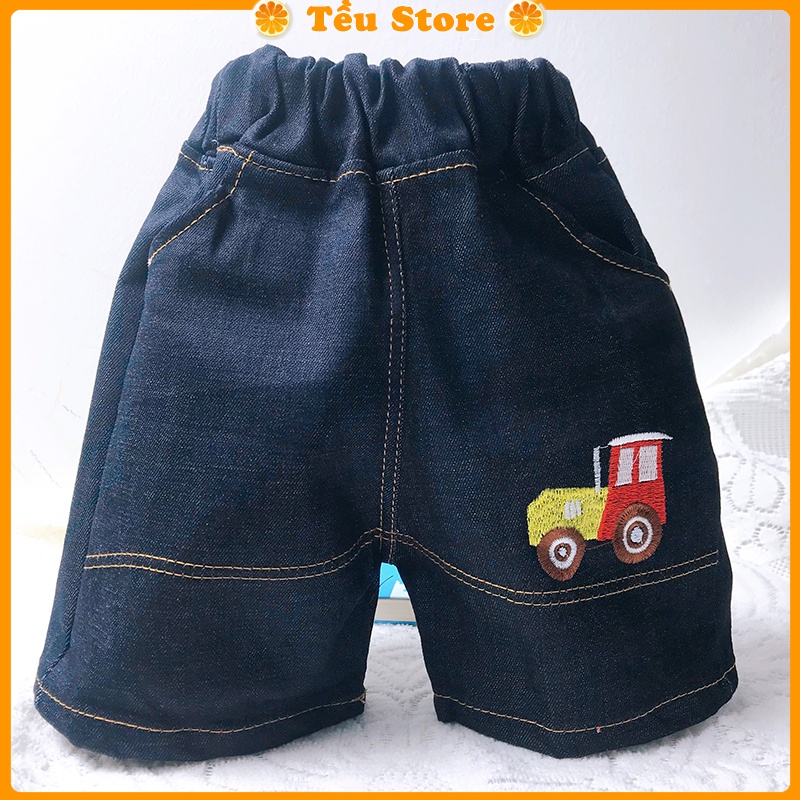 Quần Jean Bé Trai -SALE- Quần Short Bé Trai Chất Bò Jean Thô Thêu Hình Xe Size 8 - 19kg Đủ Size Cho Bé 1 - 7 Tuổi