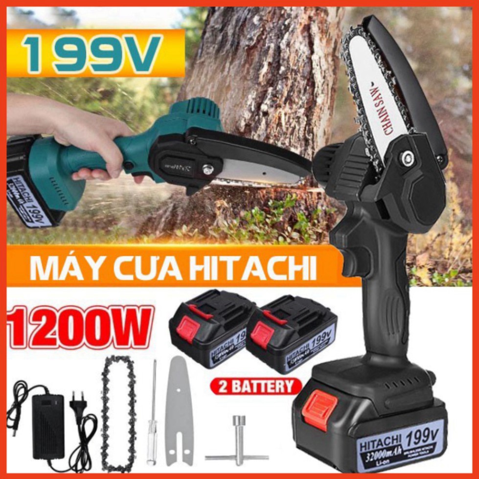 Máy cưa xích dùng pin cầm tay Hitachi 199V- Pin 10 cell - Lõi đồng (BH 12 tháng)