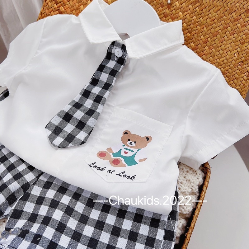 Bộ gấu cà vạt quần kẻ cho bé trai