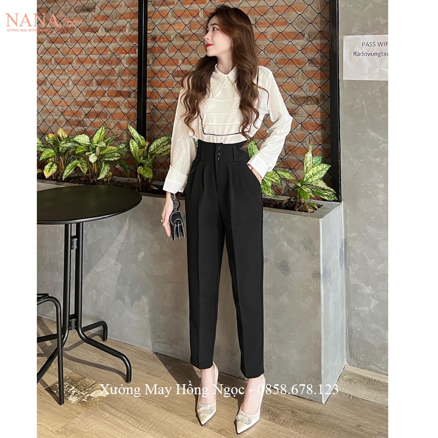 Quần tây nữ lưng cao đi học làm công sở 3 nút cài màu Đen Kem dáng quần baggy nữ cạp cao công sở vải dày mềm co giãn nhẹ