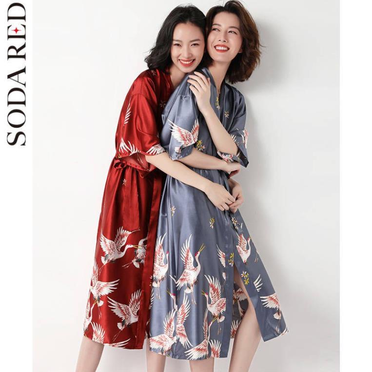 Áo choàng ngủ cho nữ ♤Áo choàng ngủ kimono dáng dài rộng vải lụa plus Size thời trang xuân thu cho nữ☛ !