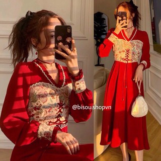 CLIP+HÌNH THẬT🌈Đầm Midi đỏ mặc tết phối gấm ngực cổ viền bèo, váy xoè tiểu thư sang trọng, du lịch prom party tiệc cưới