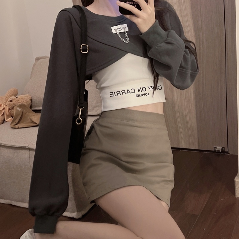 ZHELIHANGFEI Set Áo Thun Tay Dài + Quần Lưng Cao Thiết Kế Quyến Rũ