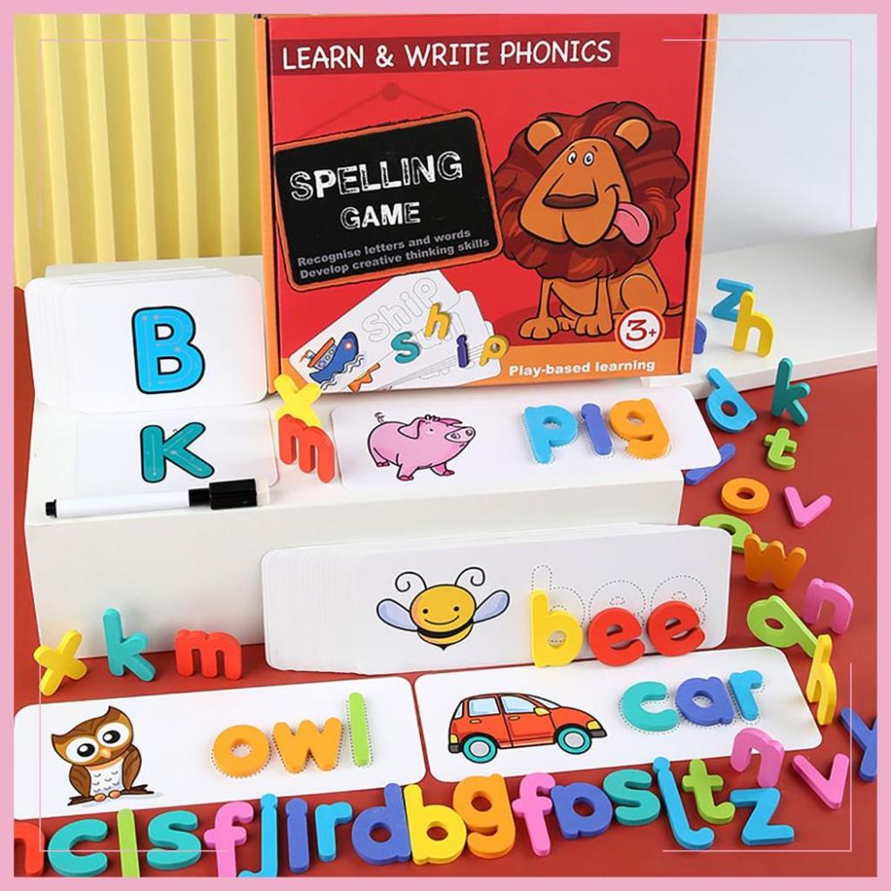 Spelling game Đỏ- Trò chơi đánh vần ghép từ vựng Tiếng Anh- 52 CHỮ GỖ+ 28 THẺ+ BỘ THẺ BẢNG CHỮ CÁI T.ANH+ BÚT