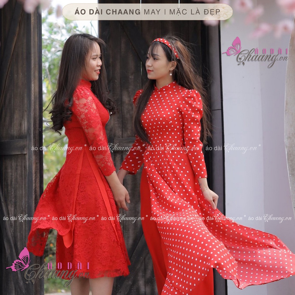 Áo Dài Truyền Thống Chấm Bi Đỏ Vai Bồng May Sẵn Lụa Thái Cổ Vuông Đẹp ChaangBi021