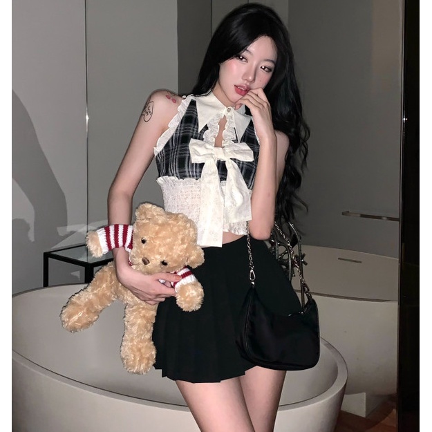 Set Áo Và Chân Váy Ngắn Xếp Ly Phong Cách Retro Thời Trang