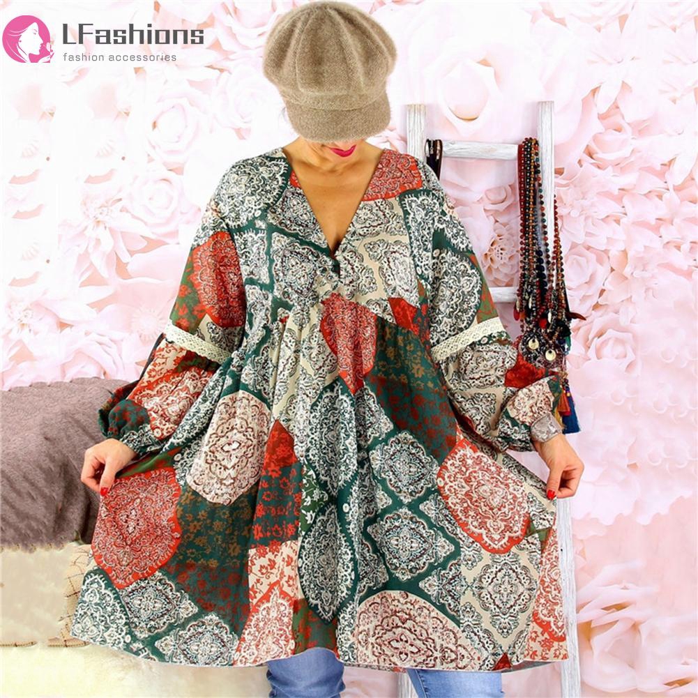 Autumn Women V-neck Bohemia Print Dress Lantern Sleeve Loose Long Section Tops | BigBuy360 - bigbuy360.vn