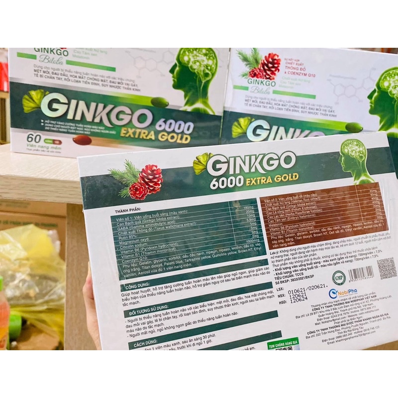 Viên uống bổ não Ginkgo 6000 Extra Gold hỗ trợ tăng cường máu lưu thông giúp giảm đau đầu mất ngủ hay quên lọ 60 viên