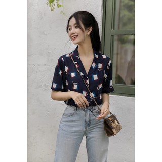 Áo sơ mi nữ Jade lụa tay ngắn màu xanh đen